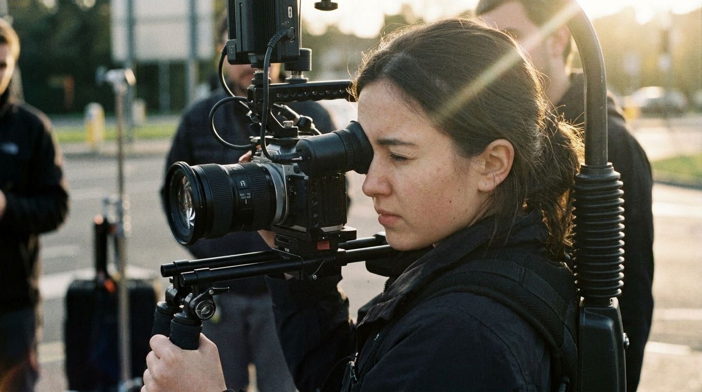 Cinefotógrafa de Arte7 mirando por el visor de la cámara
